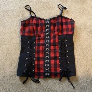 VINTAGE ROYAL BONES PLAID CORSET TOP HOOK & EYE CLOSURE LACE-UP DETAIL  SIZE L